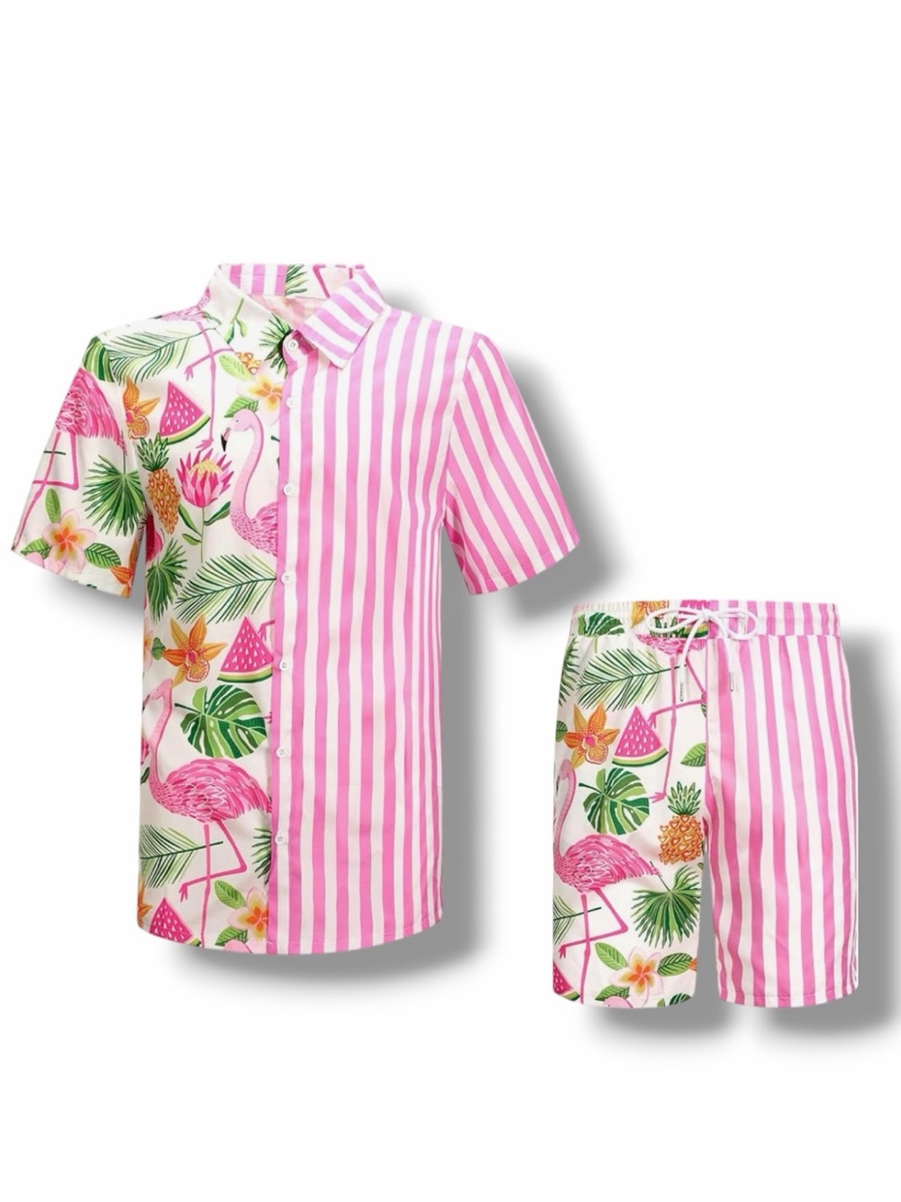 Harloon 2 Pcs Mens Hawaiian Shirt and Short Set Summer Beach Flamingo in Size L